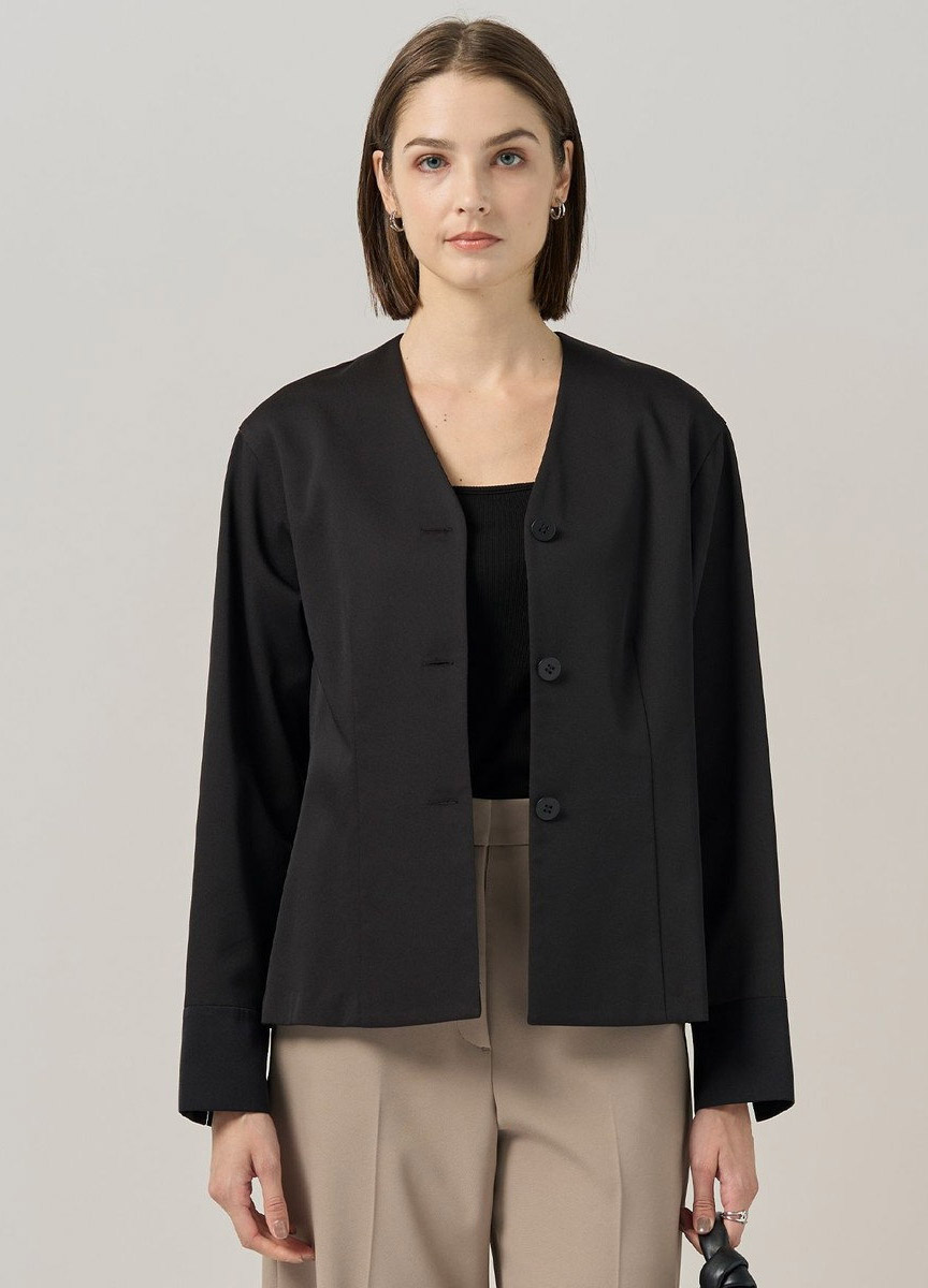 緞光簡約V領長袖襯衫